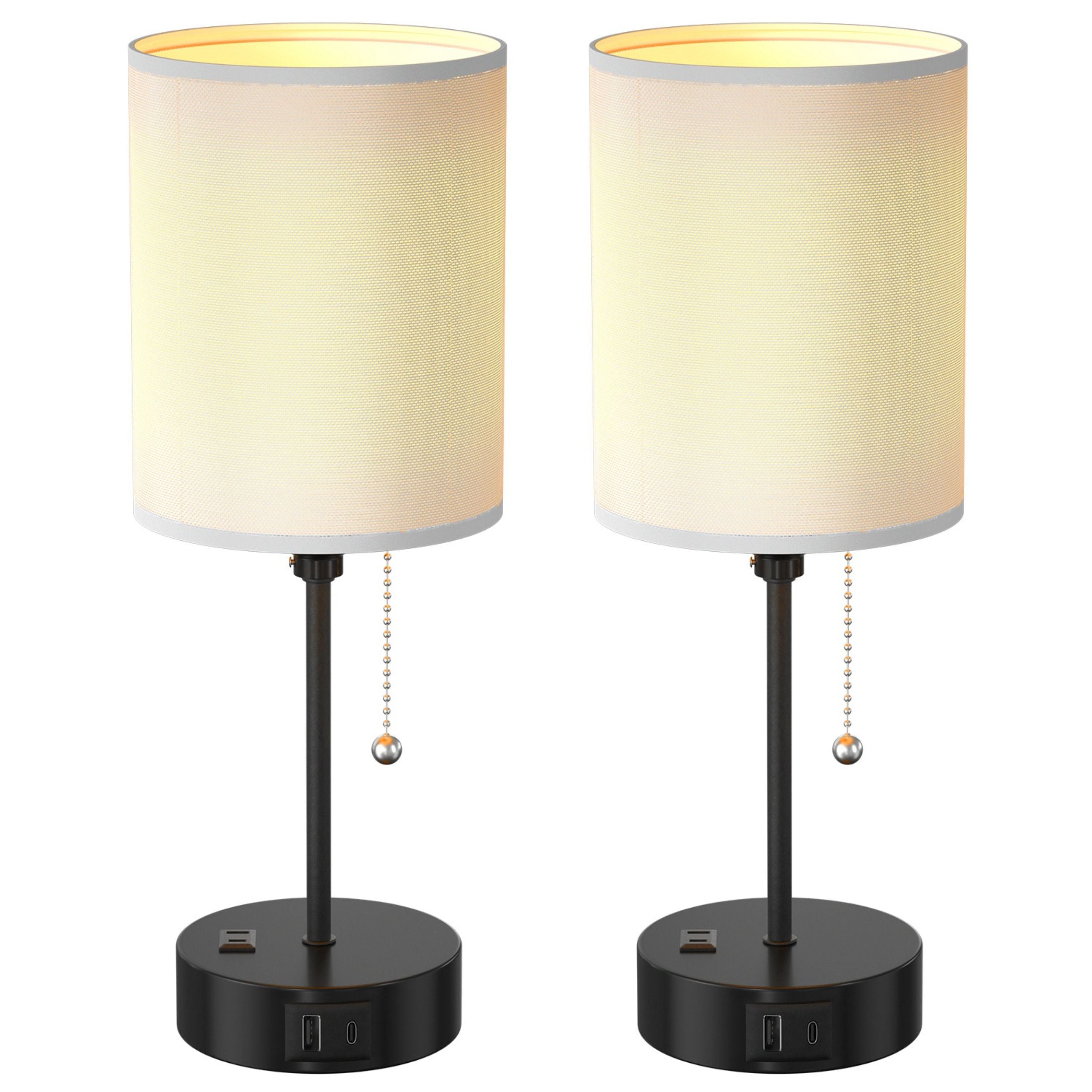 2Pcs Bedroom Lamps, 3 Color Modes, USB C+A Output, Pull Chain, E26 Bulb Light