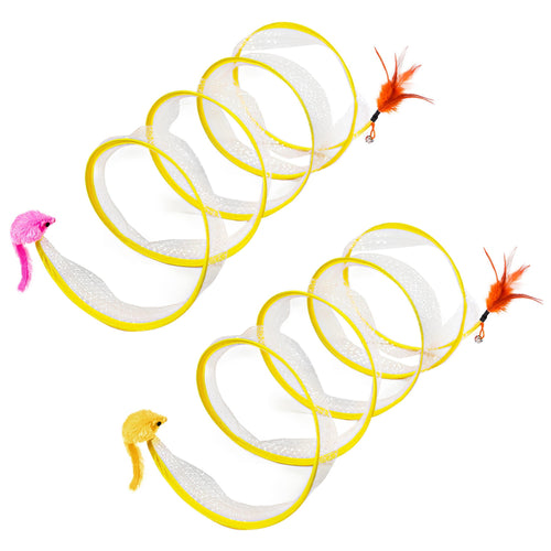 2Pcs Foldable Cat Tunnel with Bell Feather Mouse Toys Collapsible Indoor Cat Spring Tube with Interactive Toy for Kittens Cats