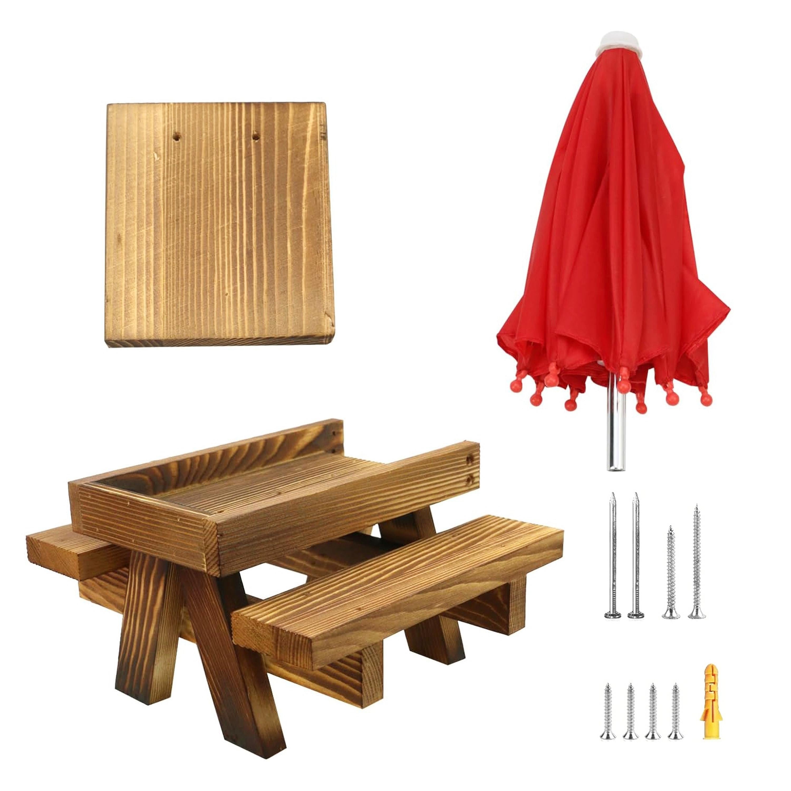 Squirrel Feeder Wooden Squirrel Picnic Table with Umbrella Two Thick Benches for Outside