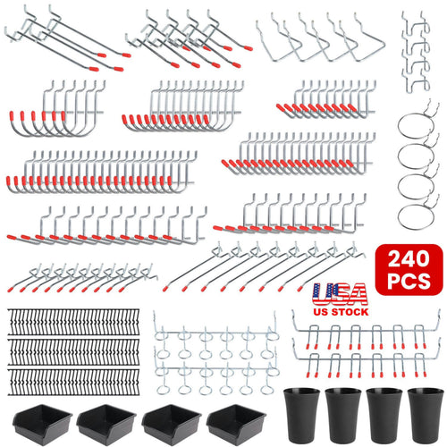 240Pcs Pegboard Hooks Assortment Garage Pegboard Accessories Organizer Kit 1/8 and 1/4 inch Peg Board Hooks for Organizing Various Tools