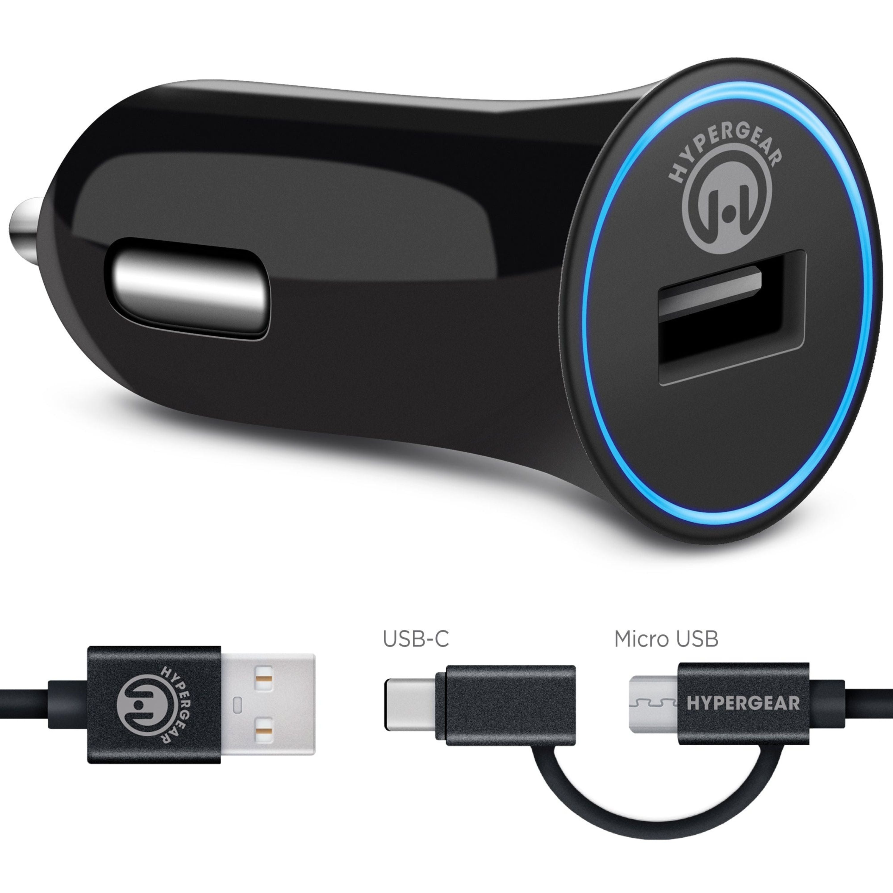 Rapid 2.4A Car Charger w/Hybrid USB-C Cable 4ft